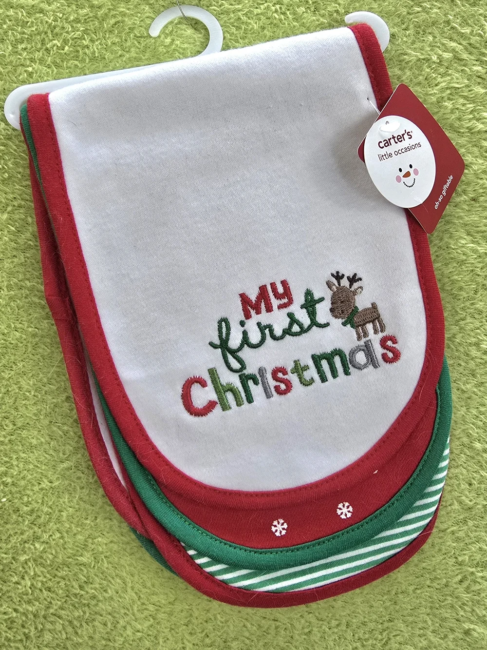 NWT Baby BOYS & GIRLS - 3 PK BURP CLOTHS - My first CHRISTMAS 100% COTTON (Q2)